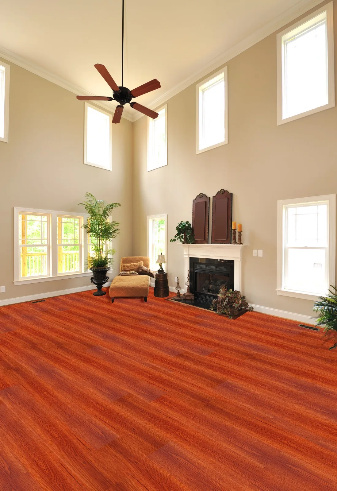 Bright living room with a warm natural stone or stone-look floor