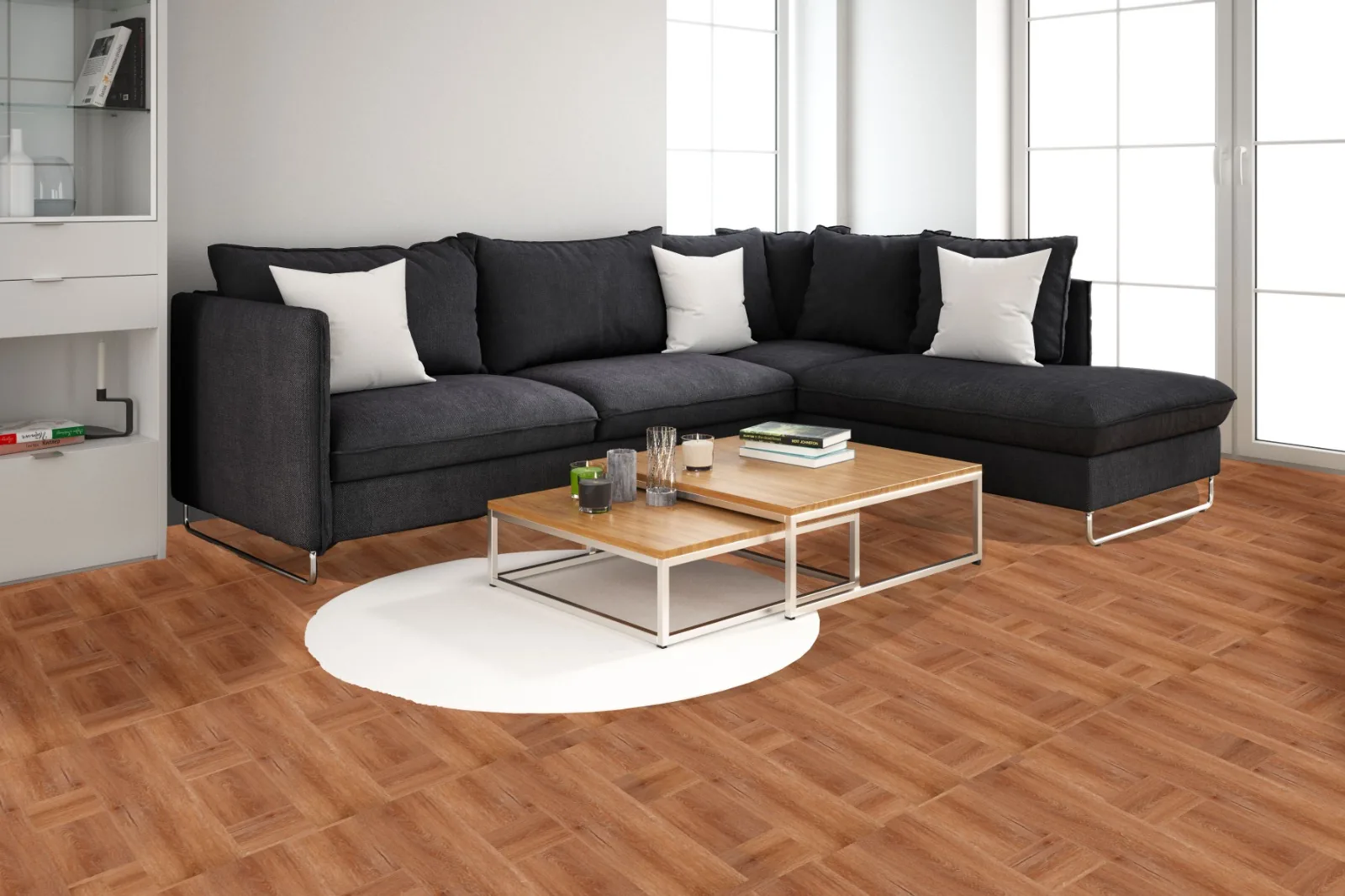 Modern interior with a warm natural-looking floor surface and contemporary furniture