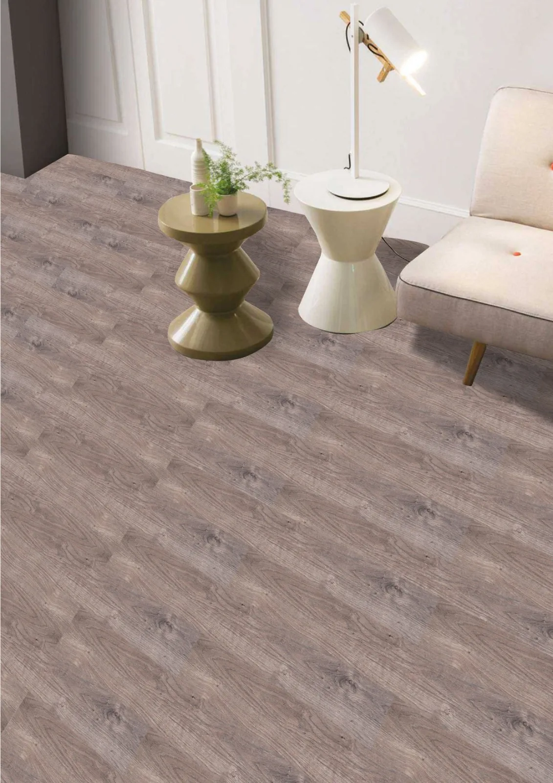 Contemporary room with a wood-look flooring surface and neutral furniture